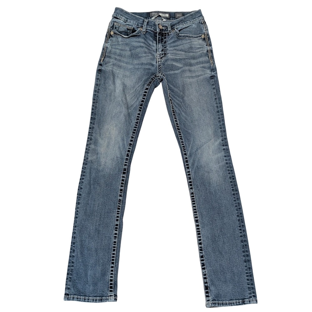 BKE Straight Leg Women 30L Blue Alec Medium Wash Contrast Stitch Stretch Denim